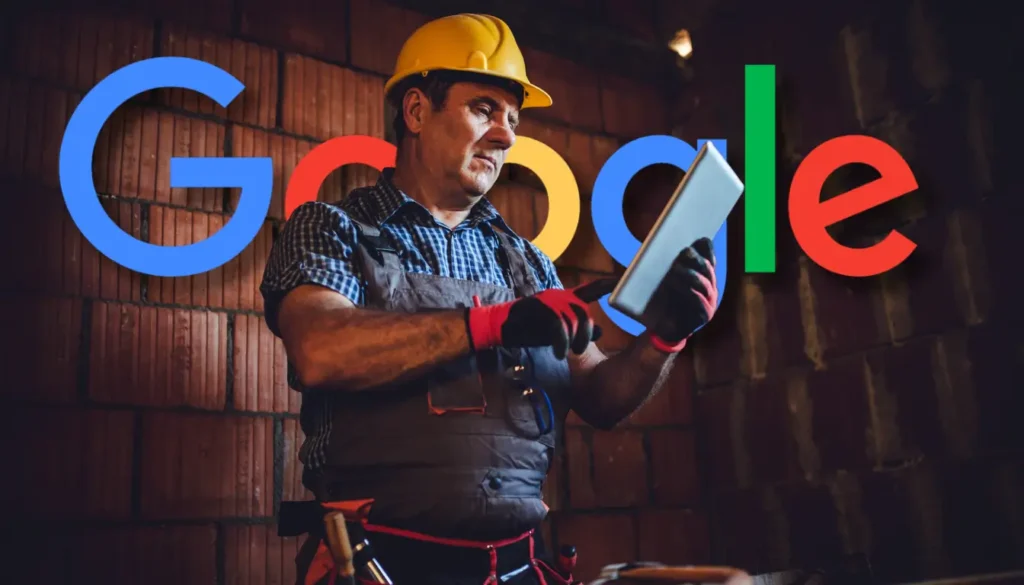 Tradie looking at iPad with Google logo in the background