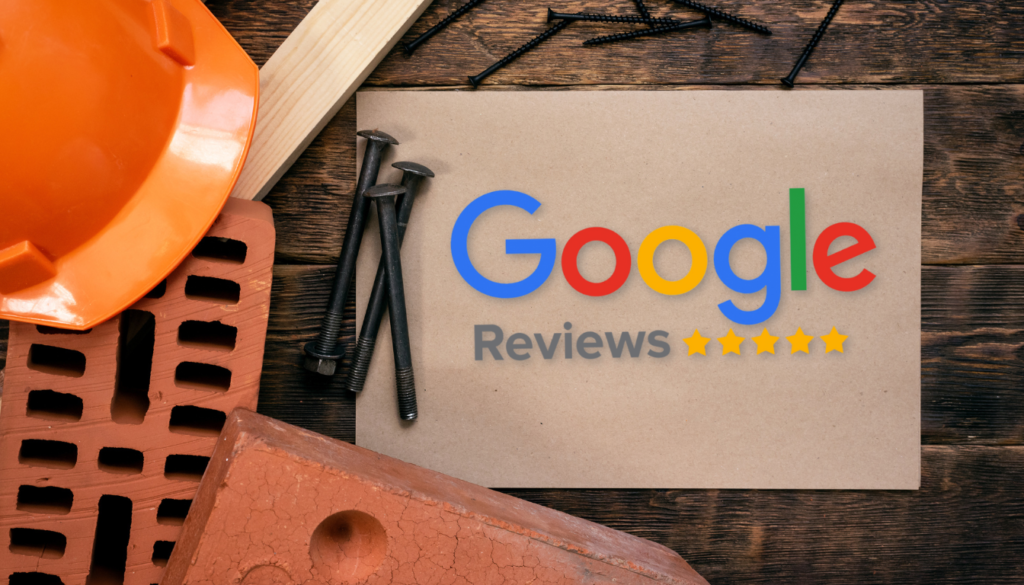 google review logo on paper next to hard hat